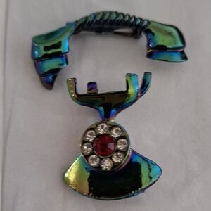 Vintage Two Piece Multicolor Telephone  Brooche with Red Accent